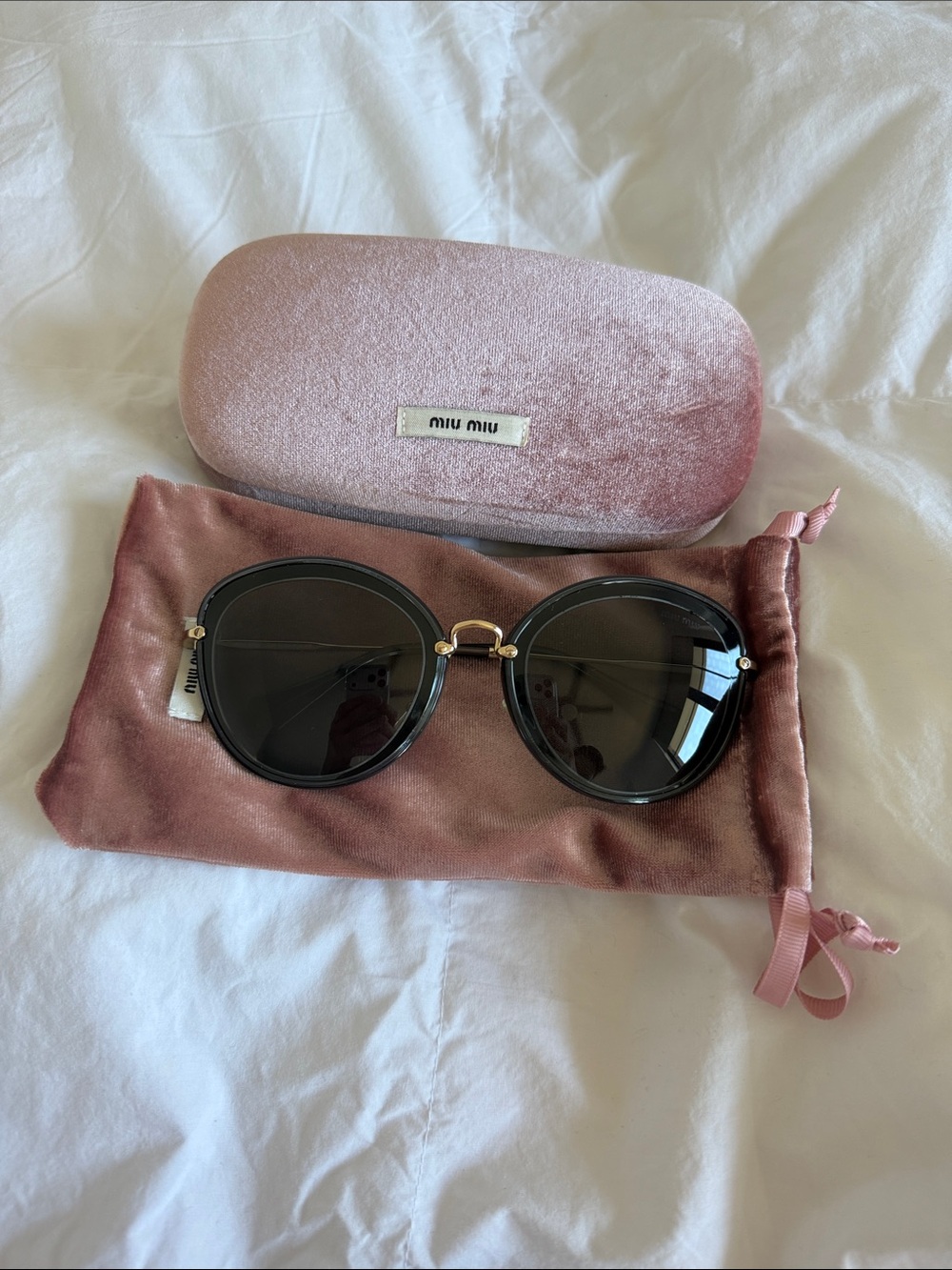 Miu Miu Black Round Sunglasses with Pink Velvet Case and Pouch